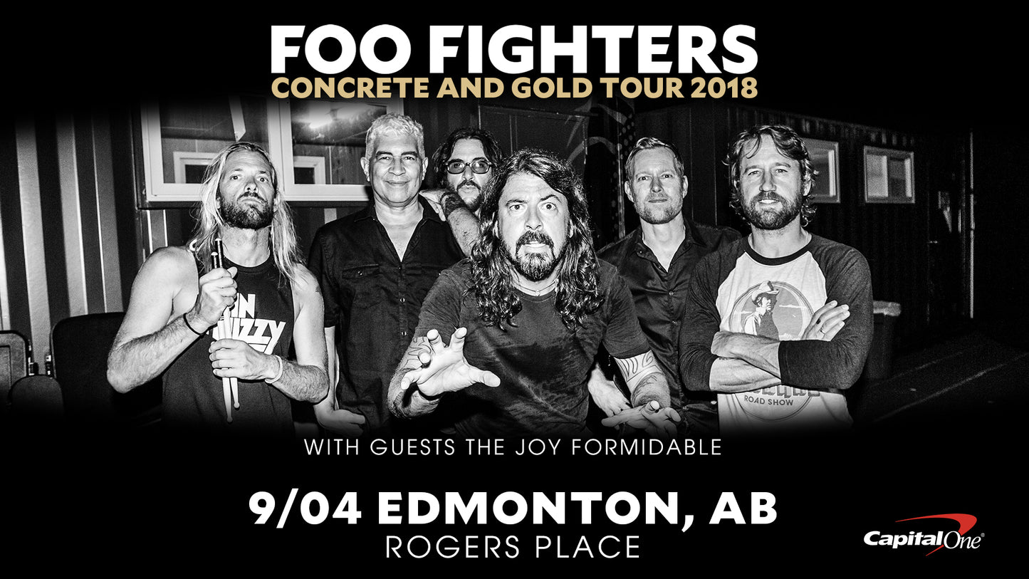 Promotional poster for Foo Fighters concert featuring band members and event details.