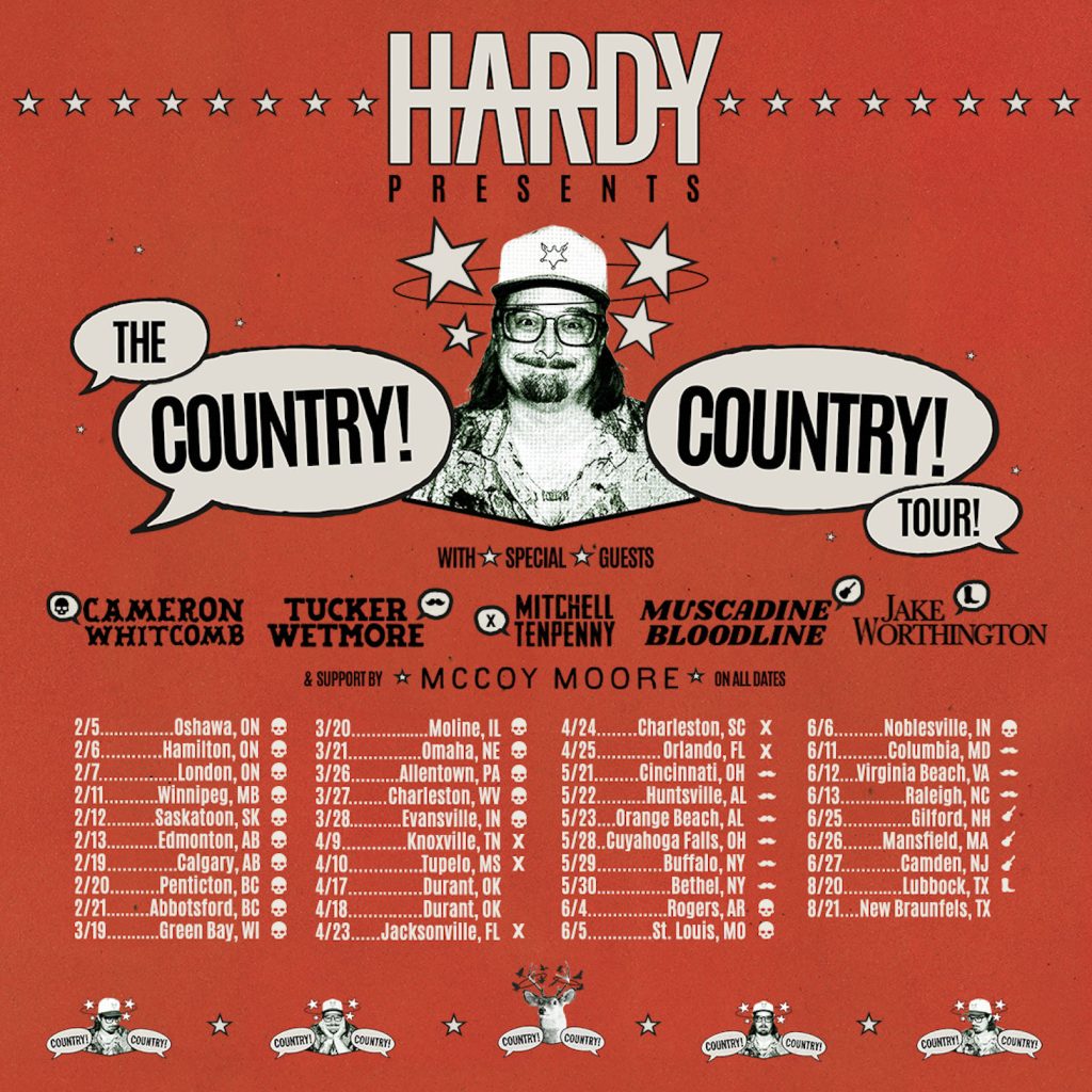 Promotional poster for 'The Country!' tour by Hardy with a red background and event details.