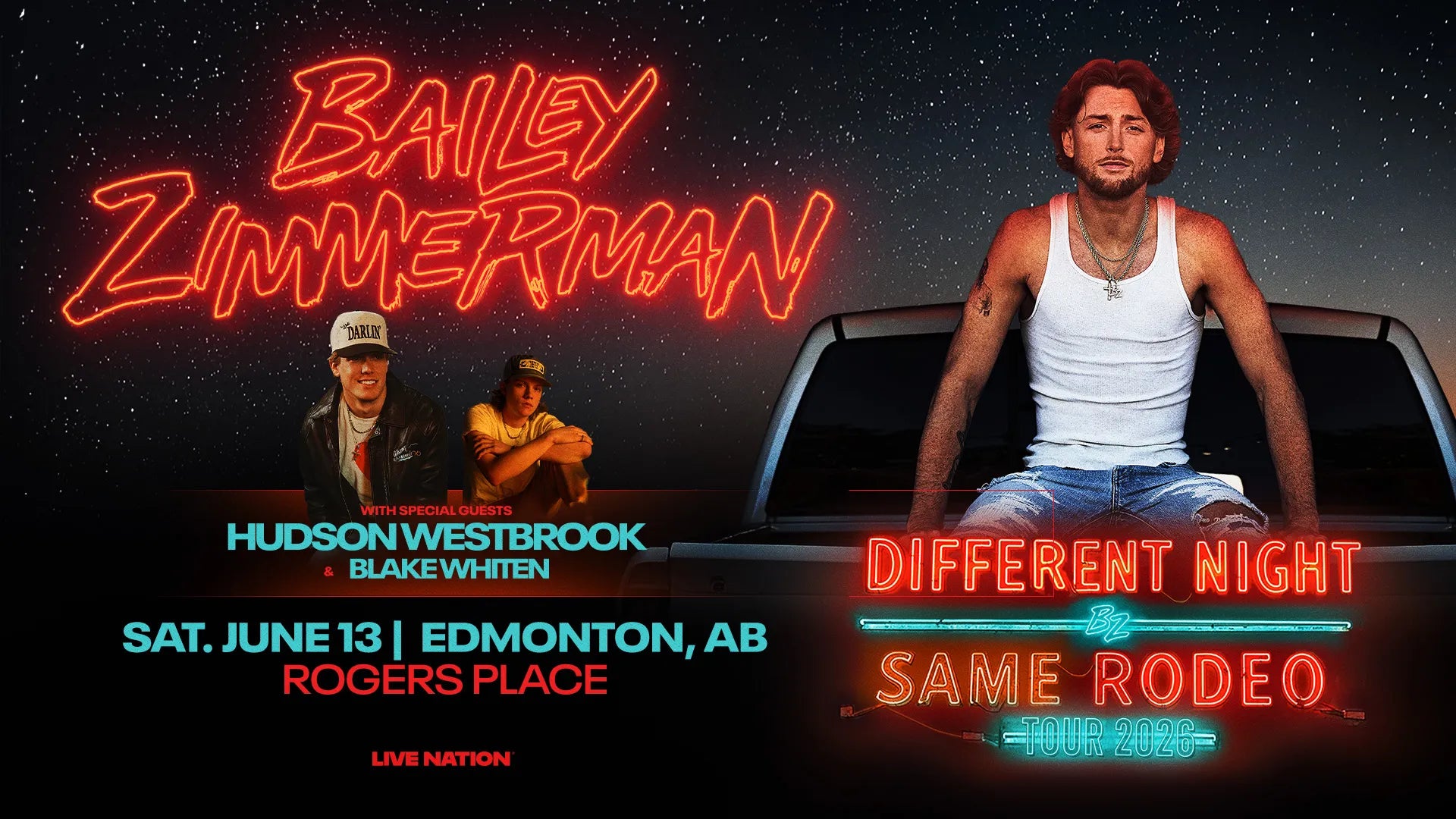 Promotional poster for Bailey Zimmerman event with neon text and images of people.
