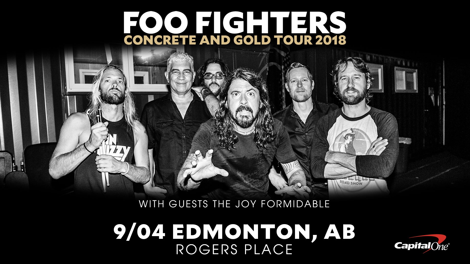 Promotional poster for Foo Fighters concert featuring band members and event details.