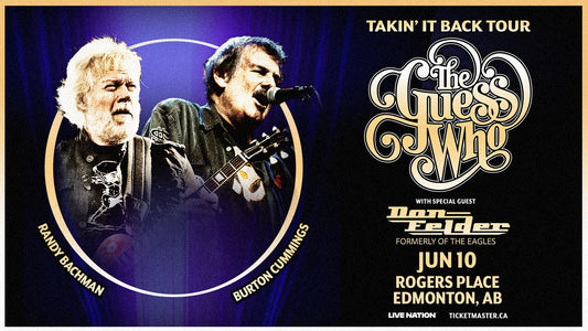 Promotional poster for The Guess Who concert featuring two musicians and event details.