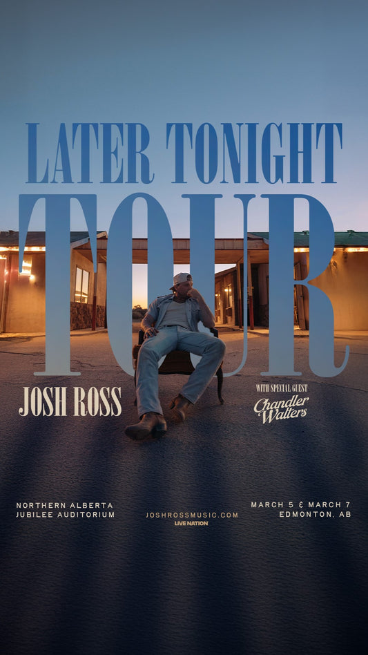 Promotional poster for 'Later Tonight Tour' featuring Josh Ross with a person sitting on a chair.