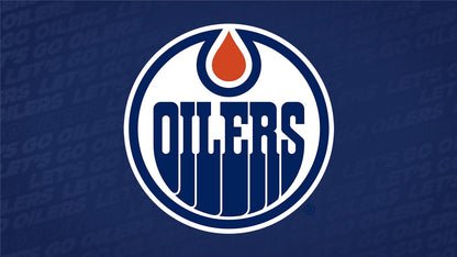 Edmonton Oilers logo on a blue background.
