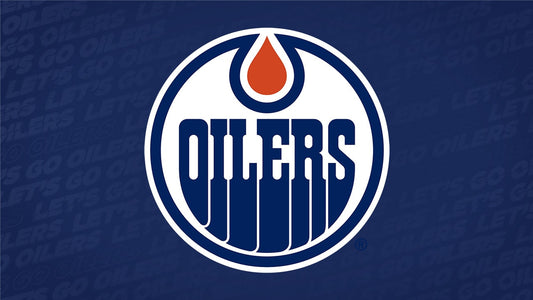 Edmonton Oilers logo on a blue background.