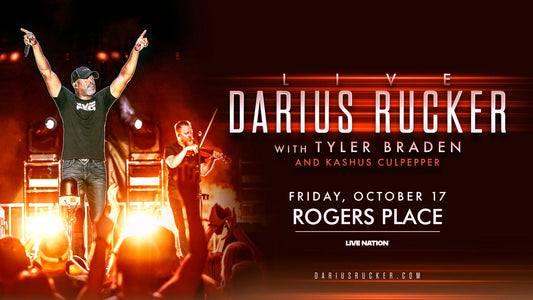 Promotional concert image featuring Darius Rucker with a live band, indicating the event took place at Rogers Place on a specific date.