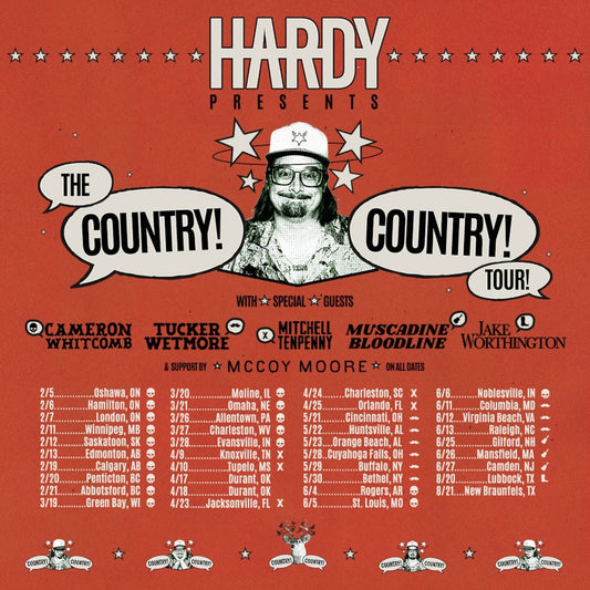 Promotional poster for 'The Country!' tour by Hardy with a red background and event details.