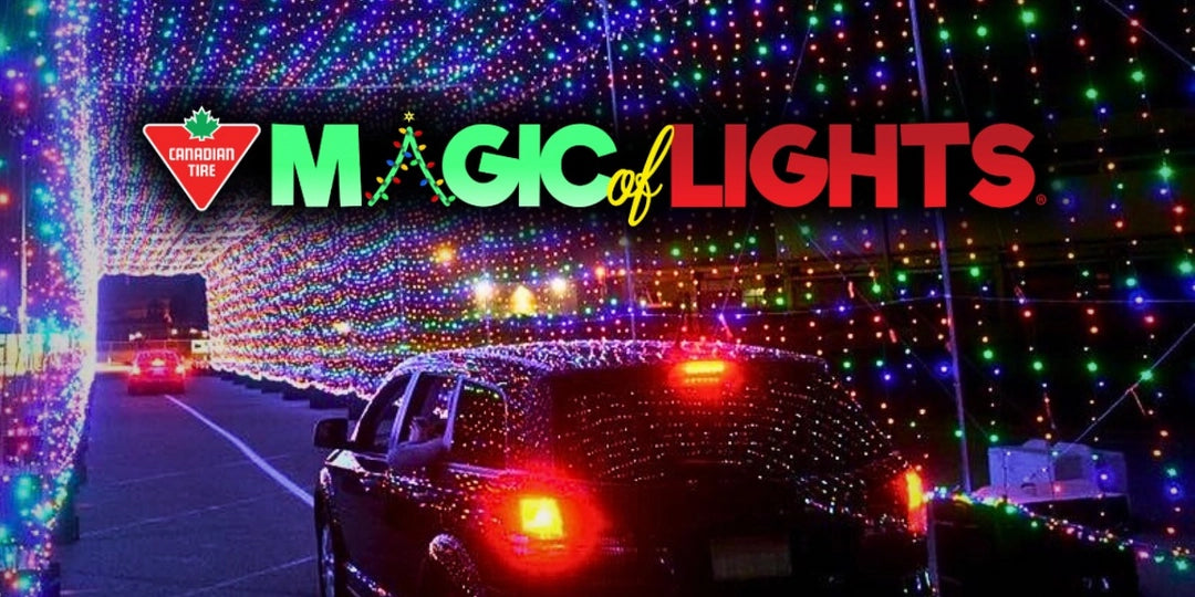 Decorative lights with 'Canadian Tire Magic of Lights' sign in a festive setting.